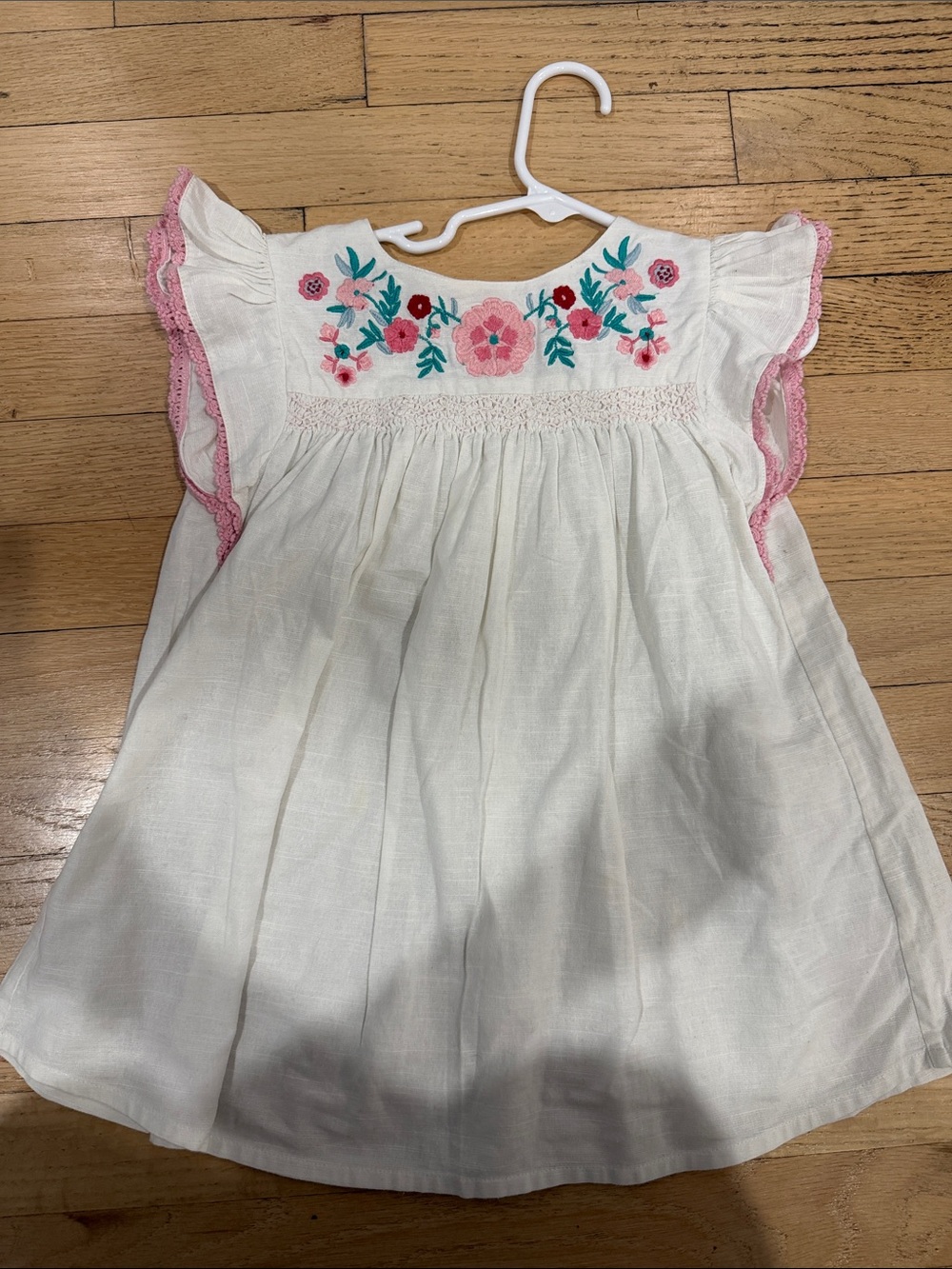 White Embroidered Flutter-Sleeve Dress with Pink Floral Accents
